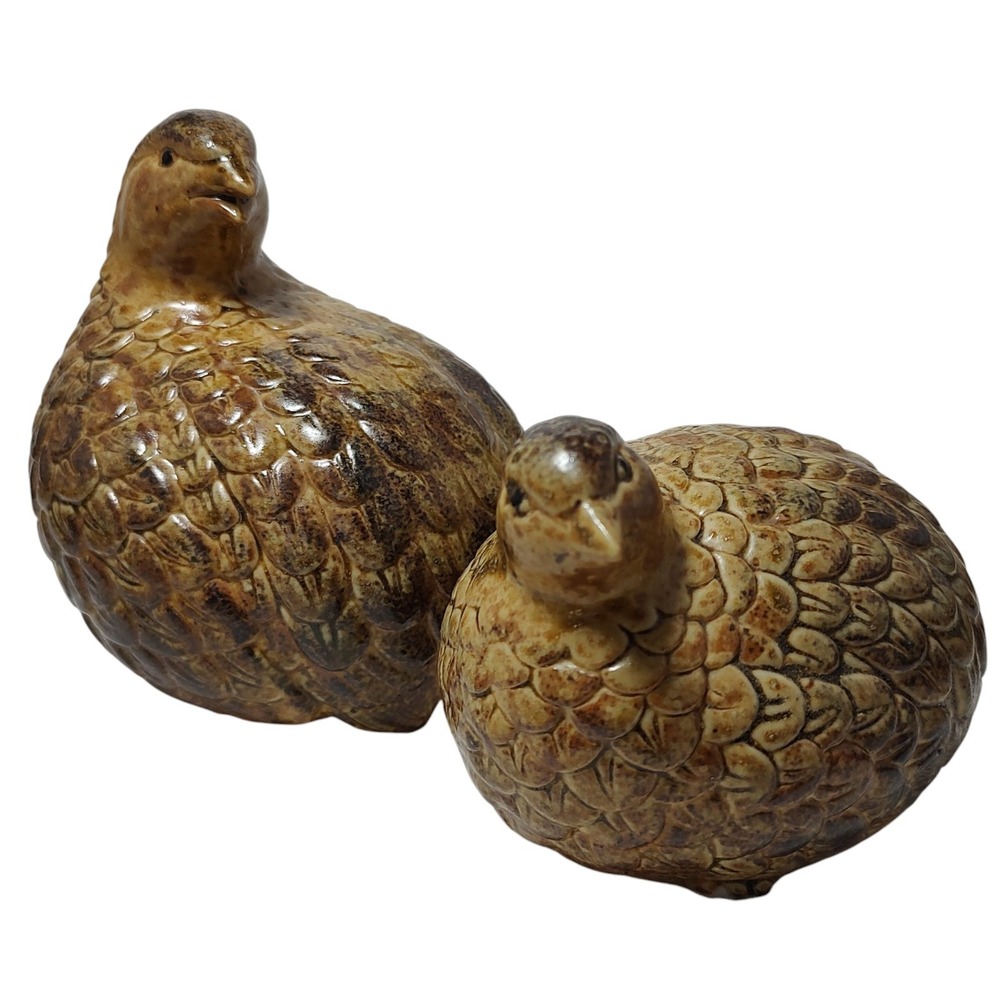 Vintage Ceramic Quail Figurines Pottery Brown Textured Mother Chick Set of‎ Two